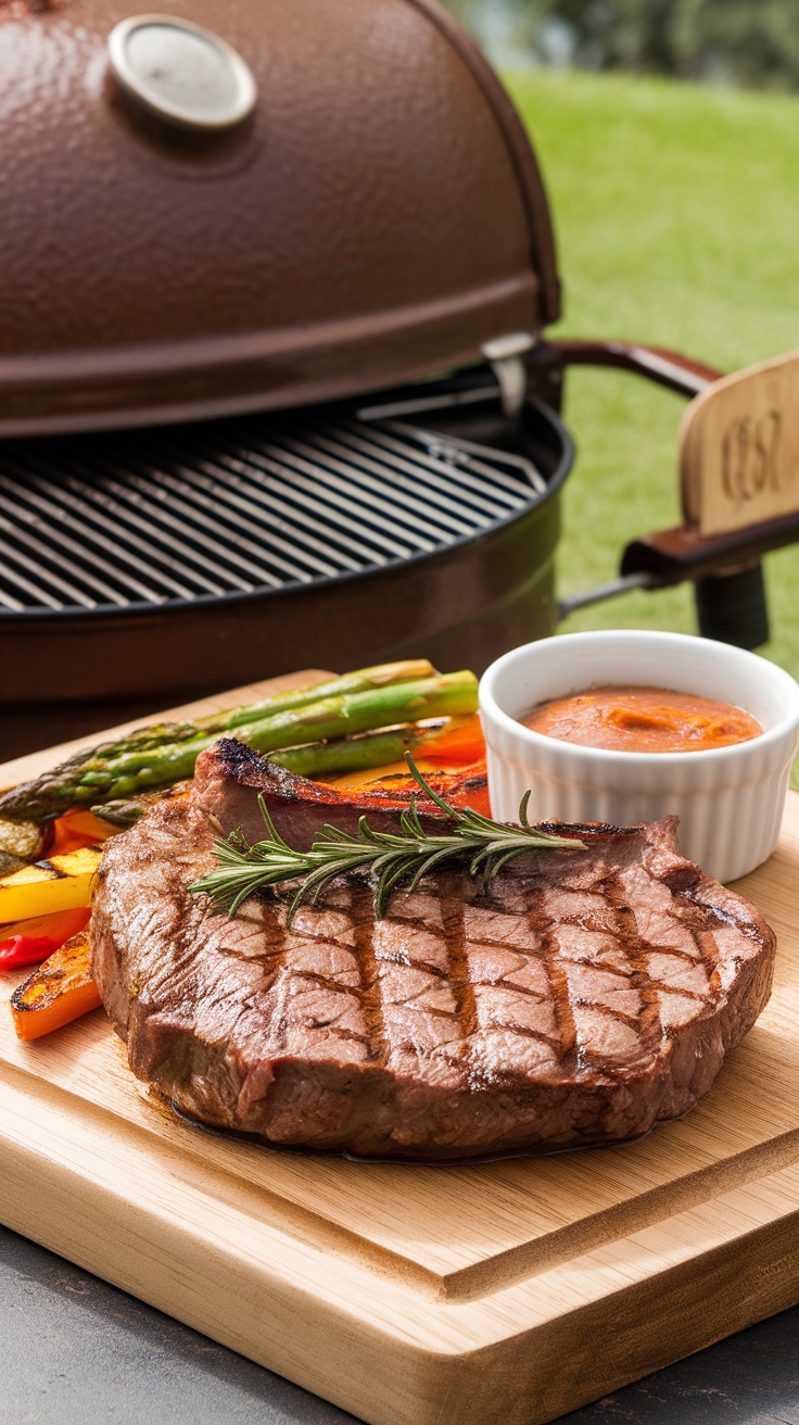 Grilled ribeye steak on a wooden board with vegetables and marinade on the side, outdoors.